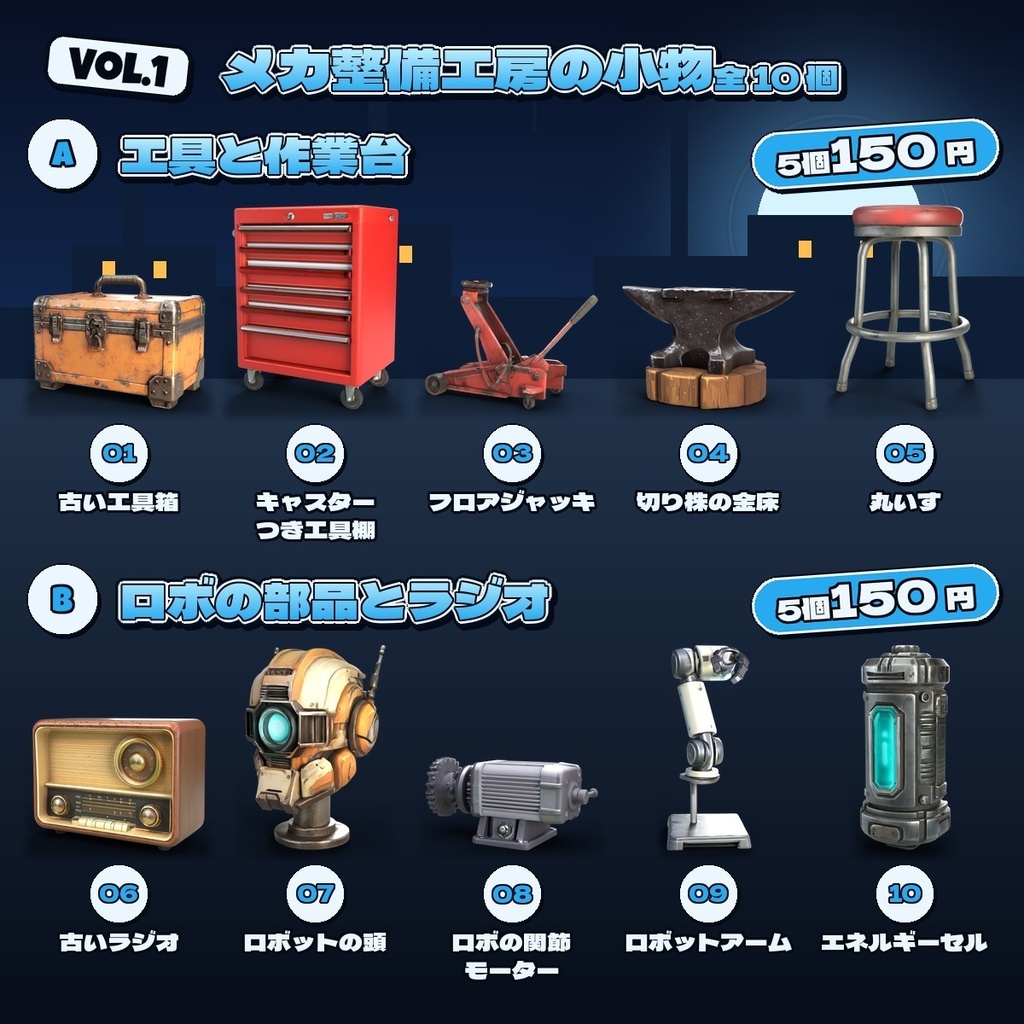 メカ整備工房の小物 Vol.1【5・10 個セット】【3Dモデル・VRChat/Unity】(AI で作成)