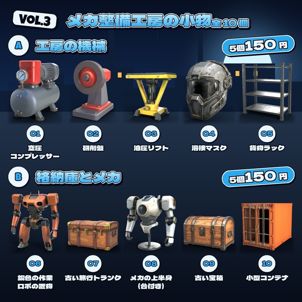 メカ整備工房の小物 Vol.3【5・10 個セット】【3Dモデル・VRChat/Unity】(AI で作成)