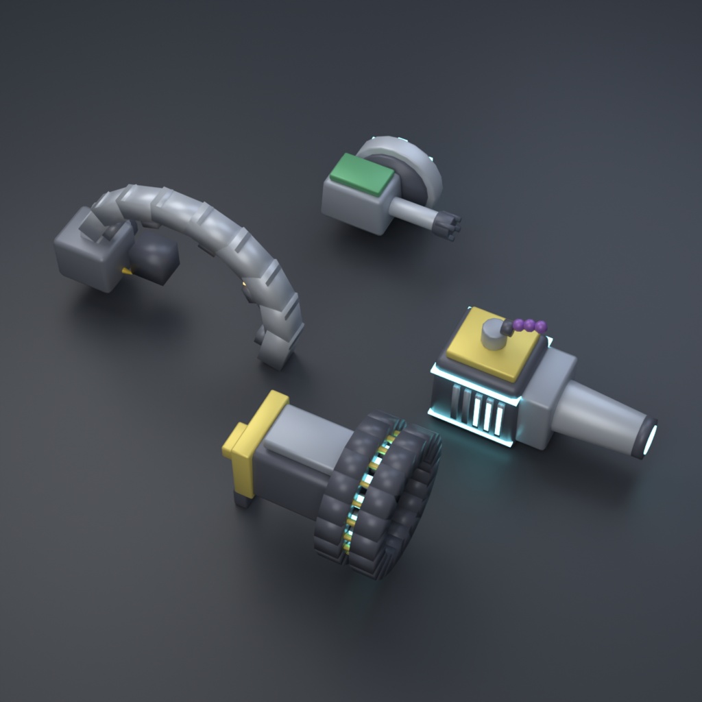 Mecha Kit Weapons — メカの武器 100 種 Blender アドオン【Blender 4.5 LTS で確認】(AI で作成)