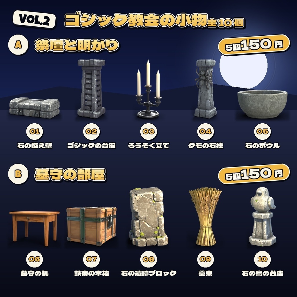 ゴシック教会の小物 Vol.2【5・10 個セット】【3Dモデル・VRChat/Unity】(AI で作成)