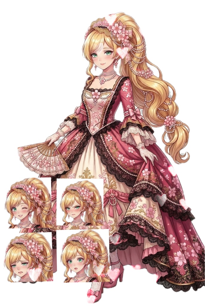 ロココ・ゴシック令嬢立ち絵素材【桜ドレス/金髪サイドテール/表情差分あり