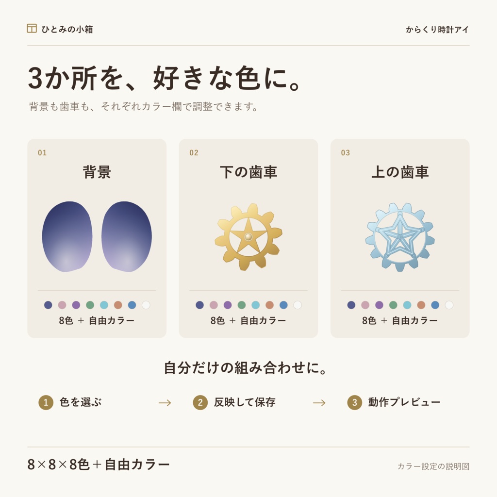 【kipfel/キプフェル】からくり時計アイ|動くアイテクスチャ【8×8×8色+自由カラー】