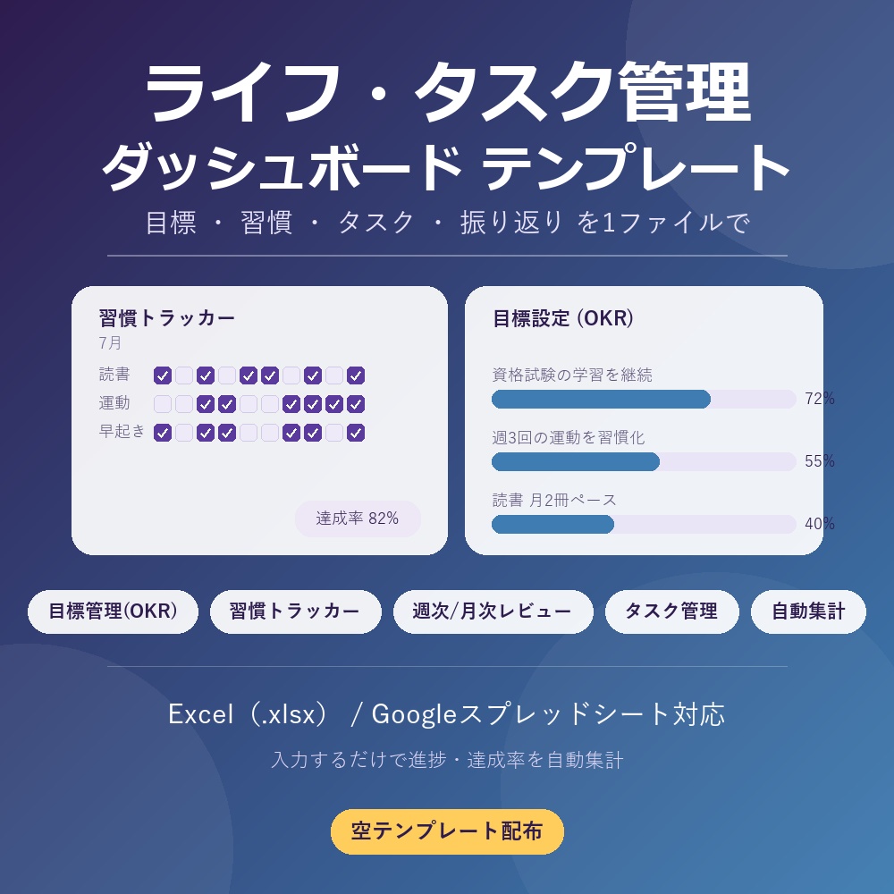 【入力するだけで自動集計】ライフ・タスク管理ダッシュボード エクセルテンプレート