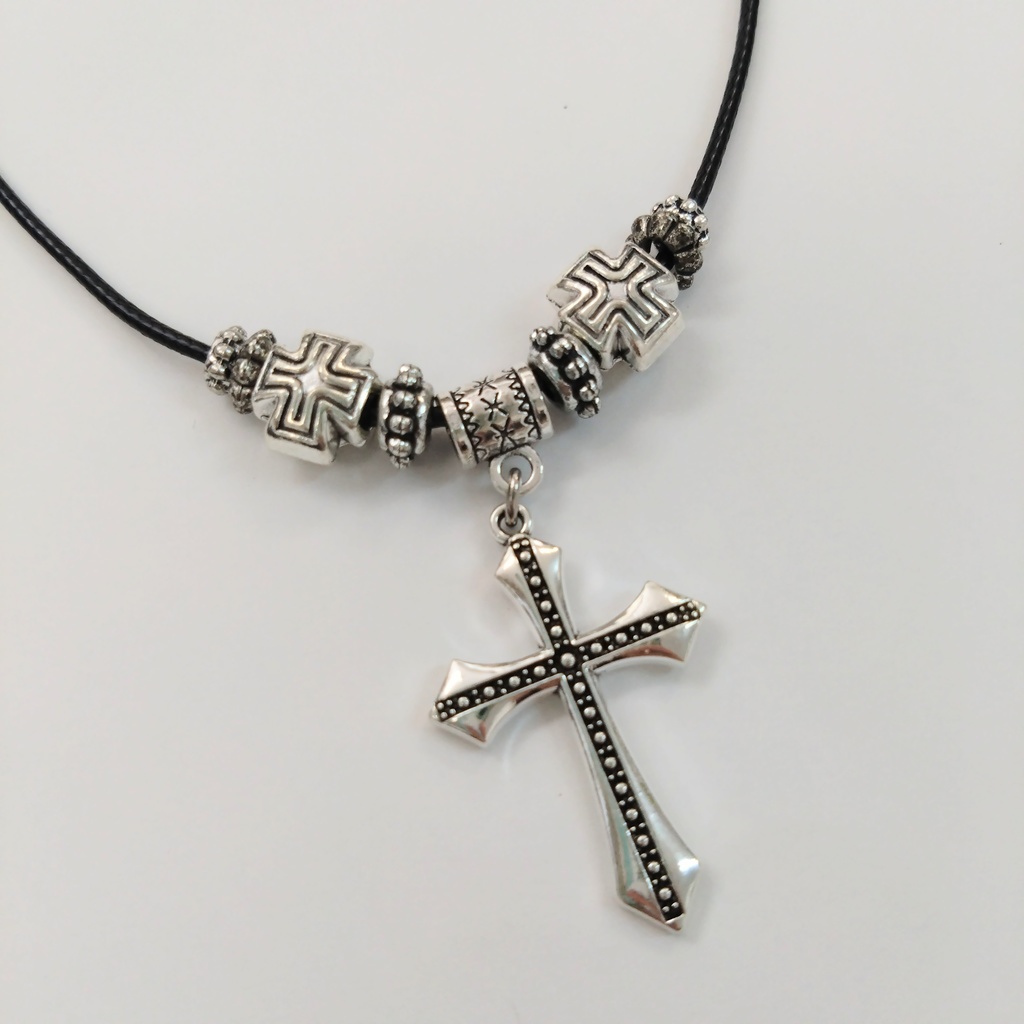 クロスネックレス フェアリーグランジ 十字架 ロザリオ レザー調 黒