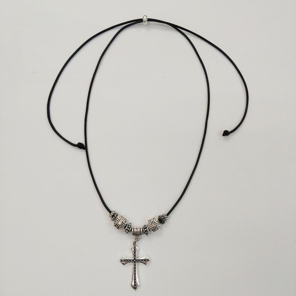クロスネックレス フェアリーグランジ 十字架 ロザリオ レザー調 黒