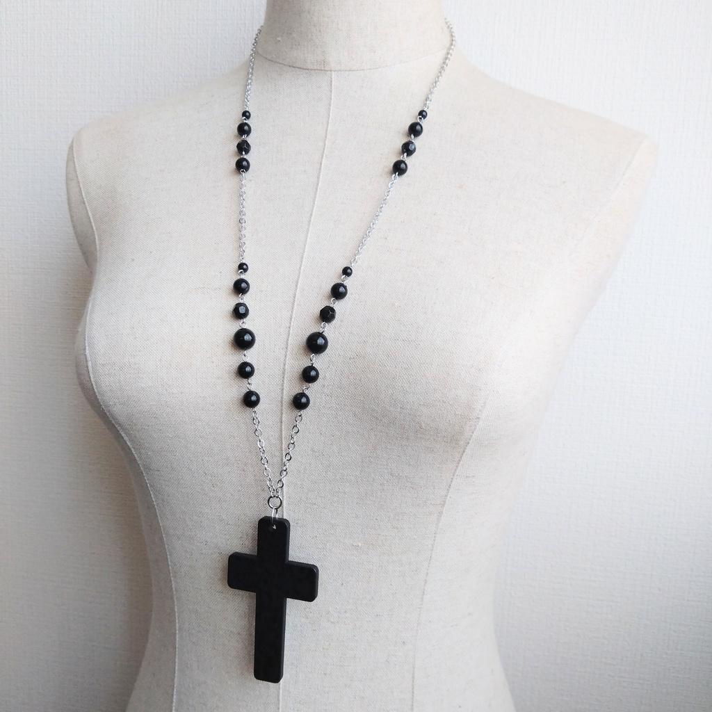 y2k フェアリーグランジ ネックレス ゴスロリ クロス 十字架 ロザリオ 黒 クロスネックレス