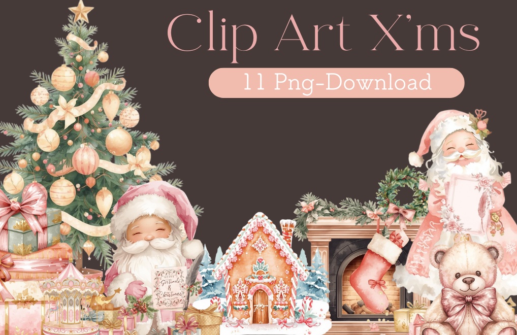 【アンティーク・パステル・クリスマス】ガーリー水彩クリップアート・コレクション(11 PNG ダウンロード)