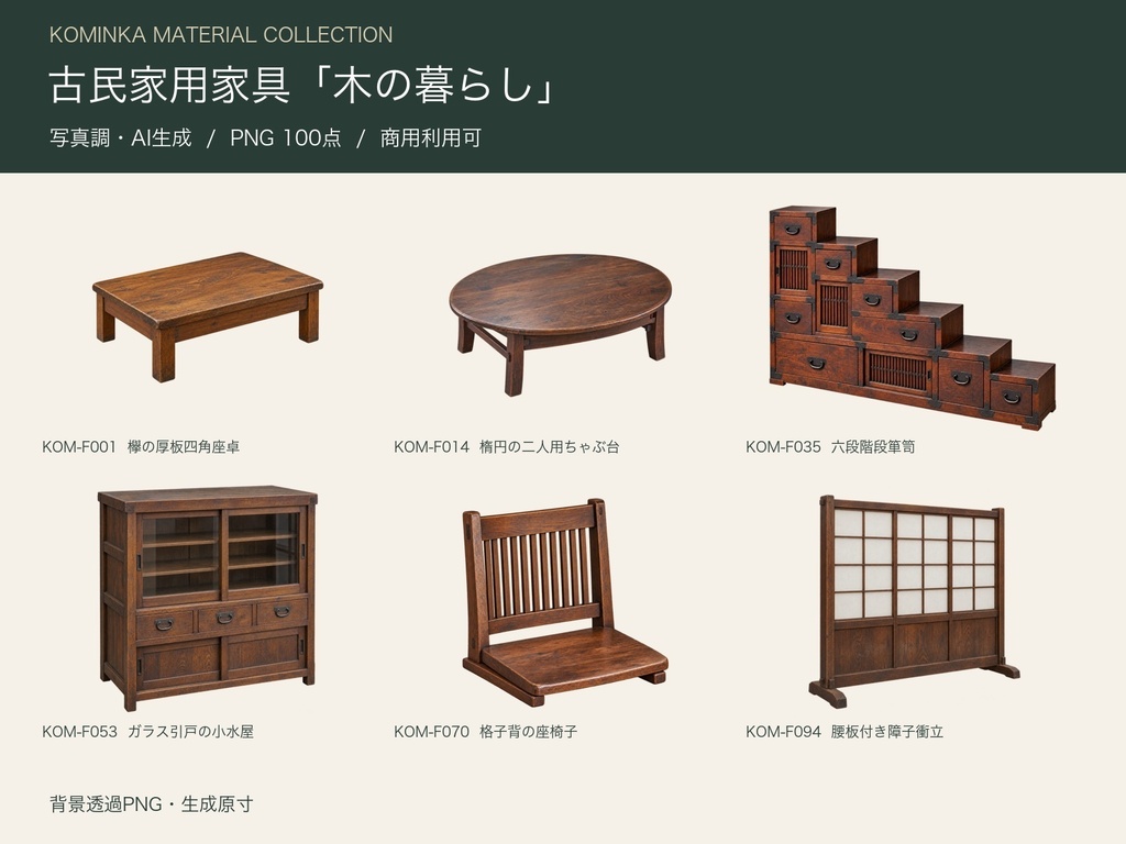 【AI生成・透過PNG100点】古民家用家具「木の暮らし」