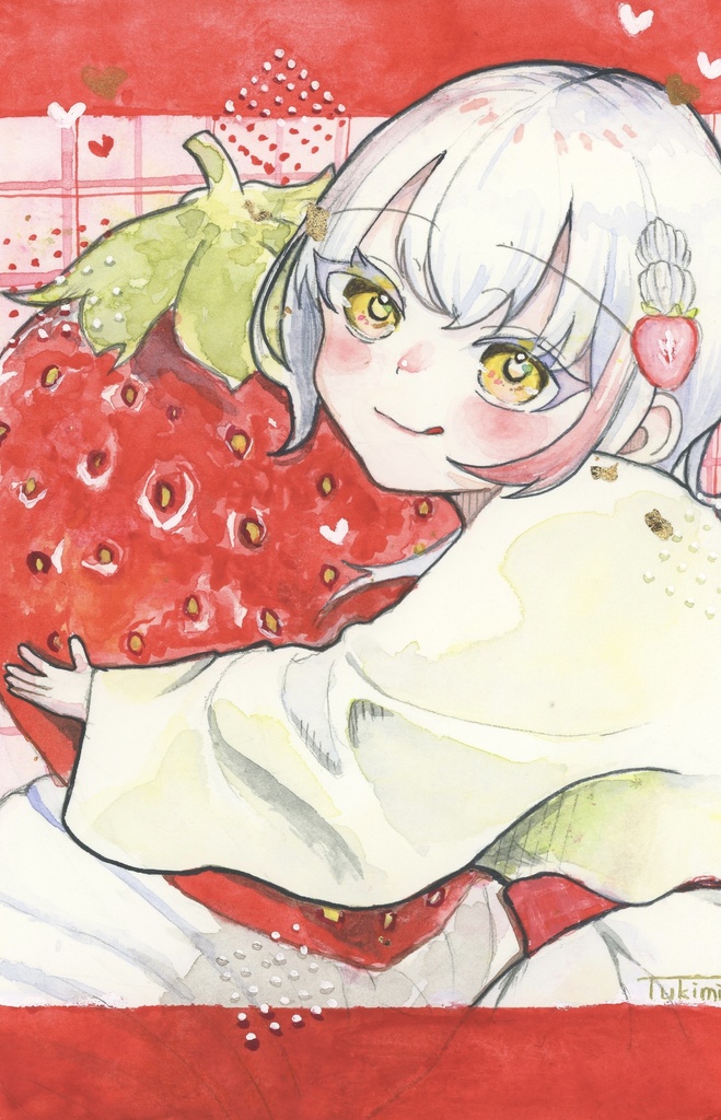 【透明水彩原画】いちごショートケーキの子