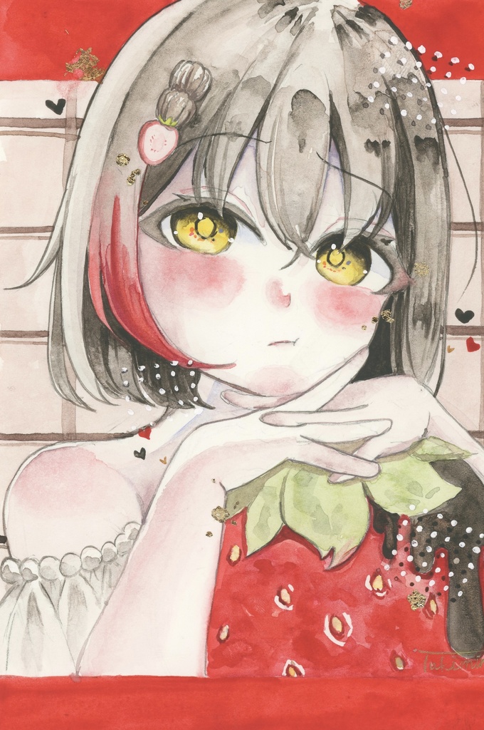 【透明水彩原画】いちごチョコケーキの子