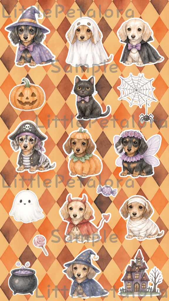 デジタルステッカー Halloween - ミニチュアダックスフンド|ハロウィン素材 9枚セット