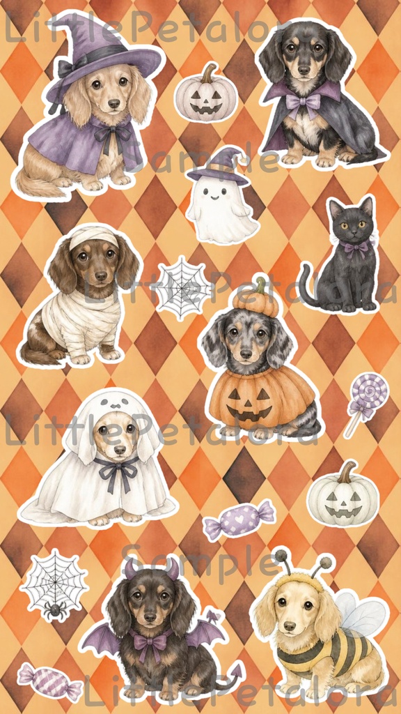 デジタルステッカー Halloween - ミニチュアダックスフンド|ハロウィン素材 9枚セット