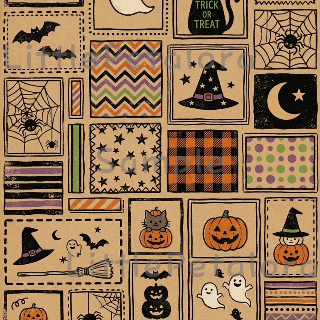 Halloween クラフト紙風デジタルペーパー Vol.1|ハロウィン総柄10種類|A4 PNG