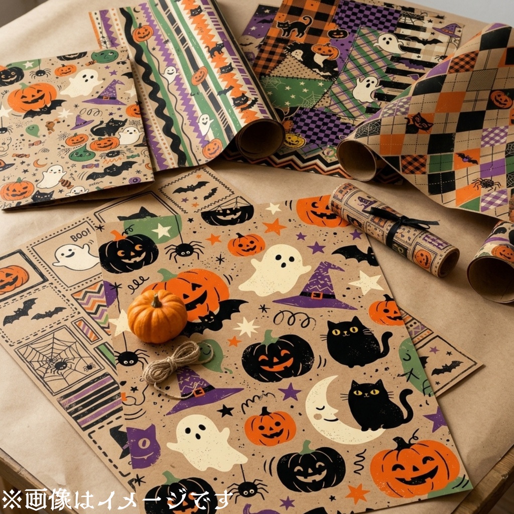 Halloween クラフト紙風デジタルペーパー Vol.1|ハロウィン総柄10種類|A4 PNG