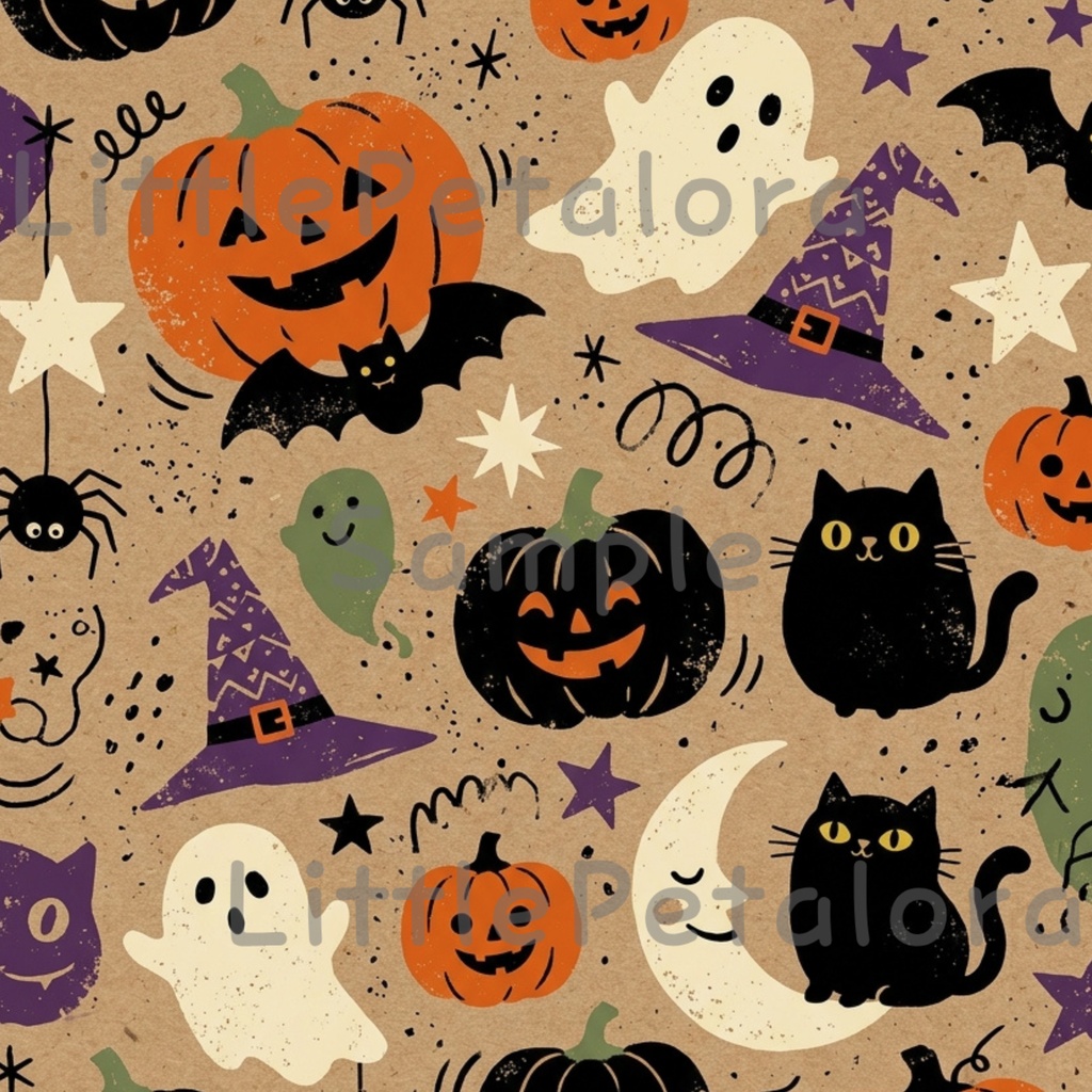 Halloween クラフト紙風デジタルペーパー Vol.1|ハロウィン総柄10種類|A4 PNG