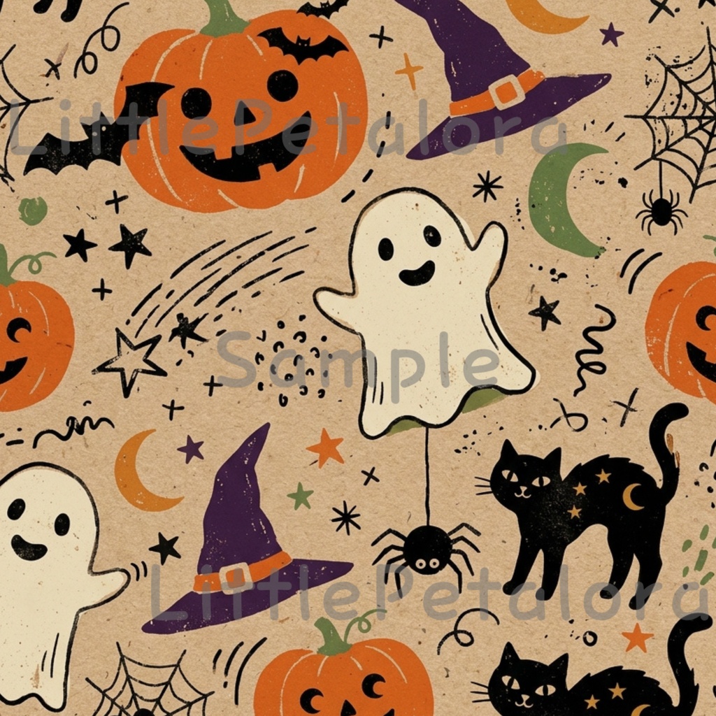 Halloween クラフト紙風デジタルペーパー Vol.2|ハロウィン総柄10種類|A4 PNG