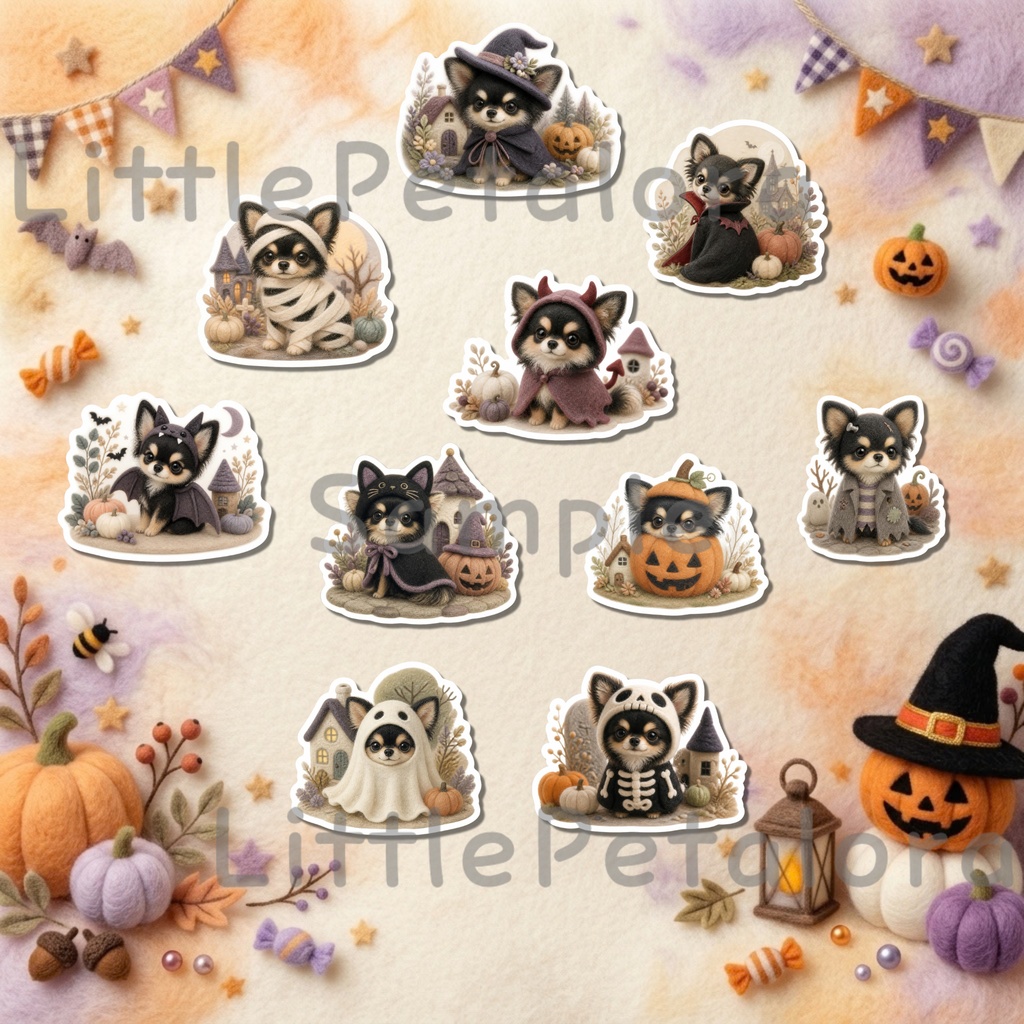 羊毛フェルト風デジタルステッカー Halloween - ロングコートチワワ|PNG11枚・100枚以上