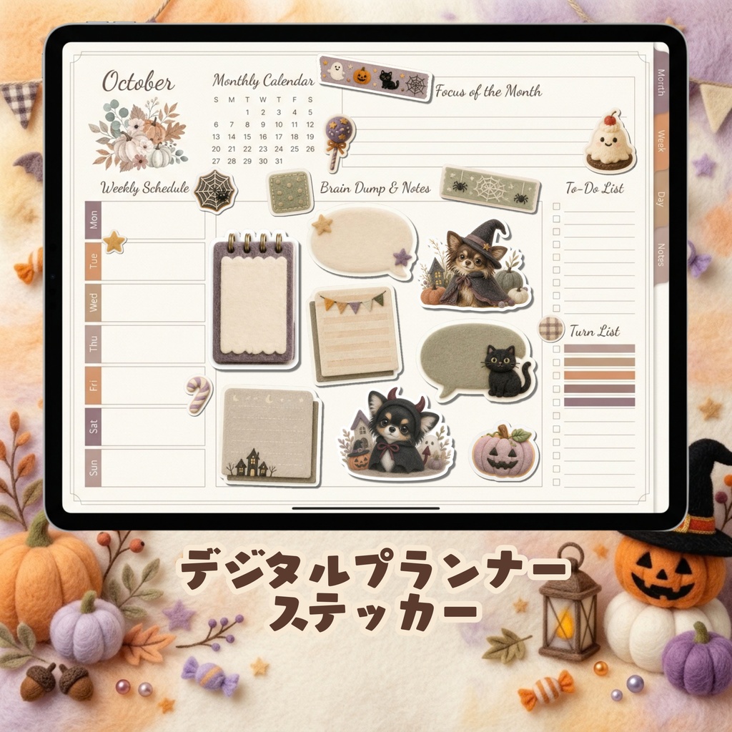 羊毛フェルト風デジタルステッカー Halloween - ロングコートチワワ|PNG11枚・100枚以上
