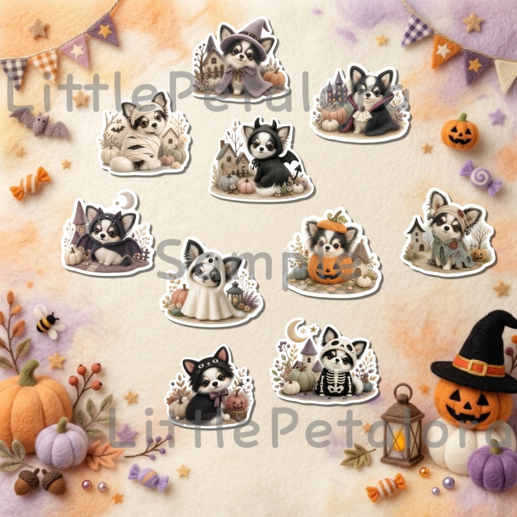 羊毛フェルト風デジタルステッカー Halloween - ロングコートチワワ|PNG11枚・100枚以上