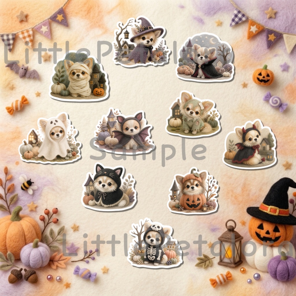 羊毛フェルト風デジタルステッカー Halloween - ロングコートチワワ|PNG11枚・100枚以上