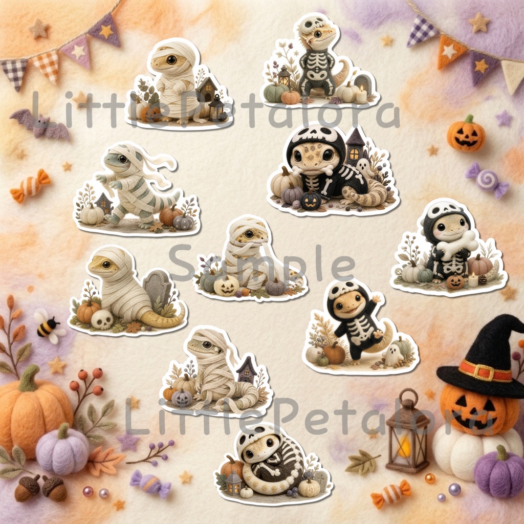 羊毛フェルト風デジタルステッカー Halloween - トカゲ|PNG11枚・100枚以上