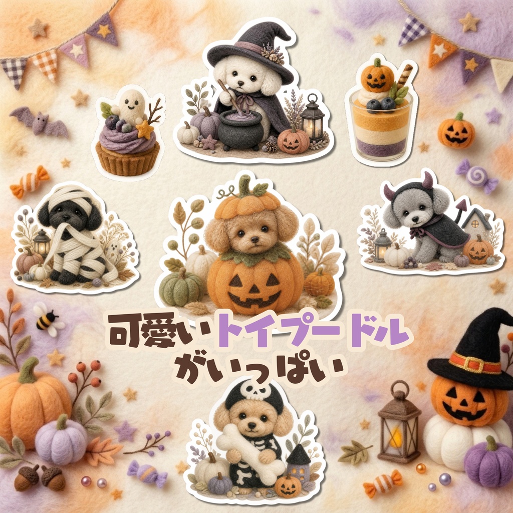 羊毛フェルト風デジタルステッカー Halloween - トイプードル|PNG11枚・100枚以上
