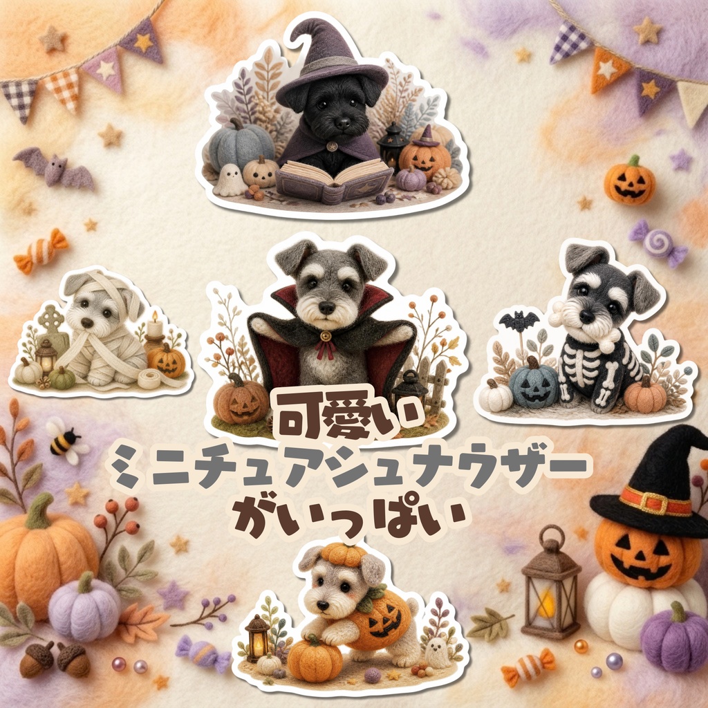 羊毛フェルト風デジタルステッカー Halloween - ミニチュアシュナウザー|PNG11枚・100枚以上