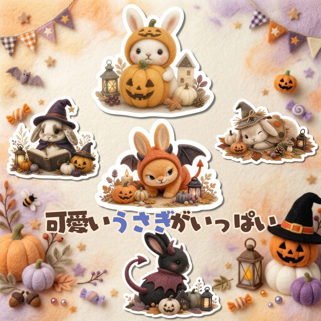 羊毛フェルト風デジタルステッカー Halloween - うさぎ|PNG11枚・100枚以上