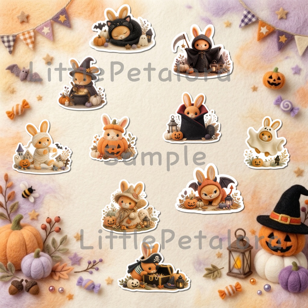 羊毛フェルト風デジタルステッカー Halloween - うさぎ|PNG11枚・100枚以上
