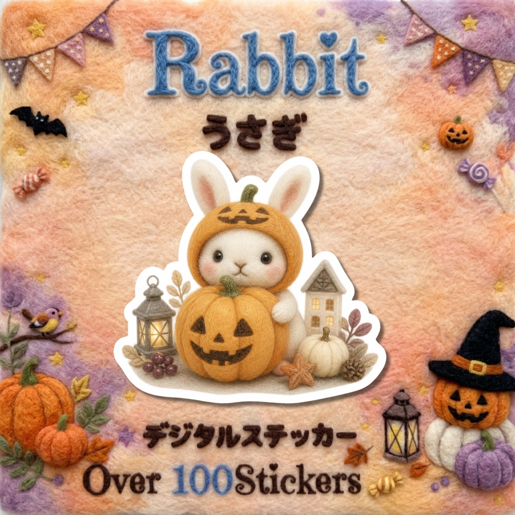 羊毛フェルト風デジタルステッカー Halloween - うさぎ｜PNG11枚・100枚以上