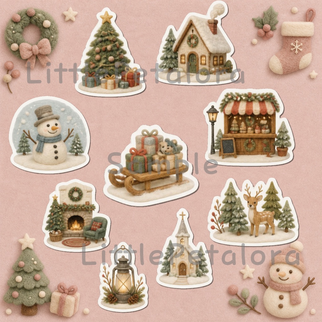 羊毛フェルト風デジタルステッカー ロングコートチワワ CHRISTMAS|クリスマス素材 透過PNG 11枚セット