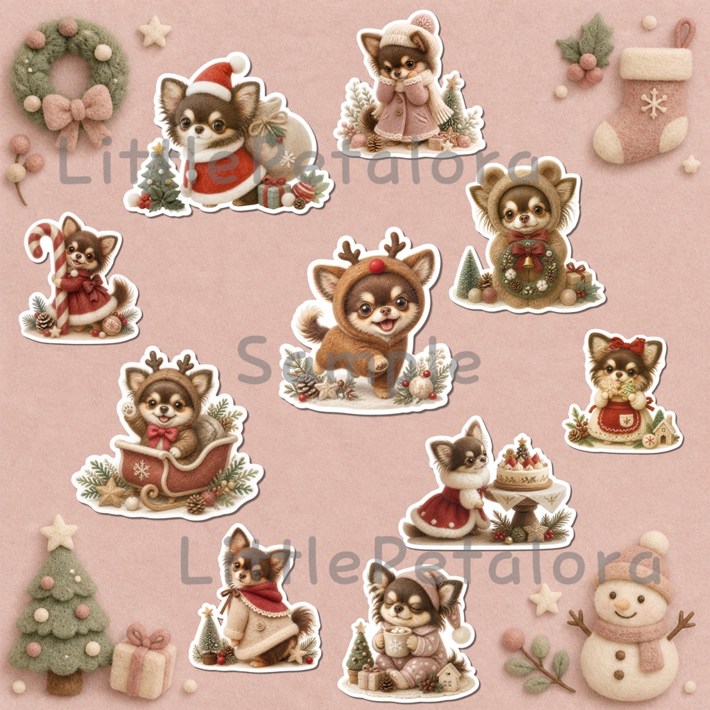 羊毛フェルト風デジタルステッカー ロングコートチワワ CHRISTMAS|クリスマス素材 透過PNG 11枚セット