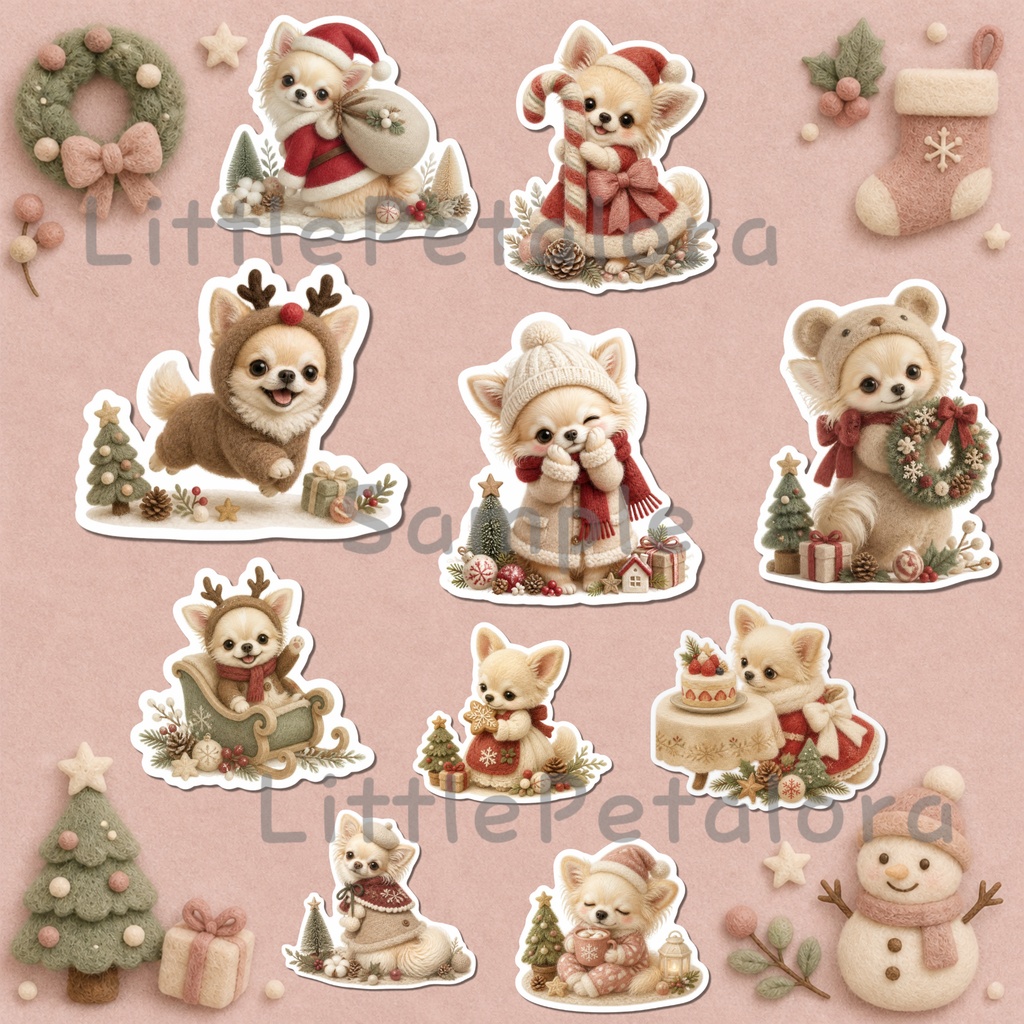 羊毛フェルト風デジタルステッカー ロングコートチワワ CHRISTMAS|クリスマス素材 透過PNG 11枚セット