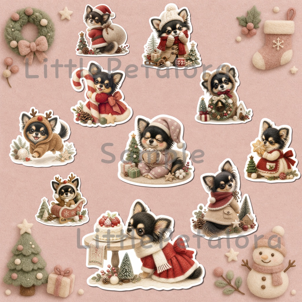 羊毛フェルト風デジタルステッカー ロングコートチワワ CHRISTMAS|クリスマス素材 透過PNG 11枚セット