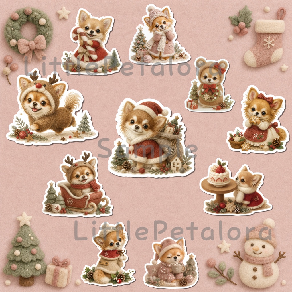 羊毛フェルト風デジタルステッカー ロングコートチワワ CHRISTMAS|クリスマス素材 透過PNG 11枚セット