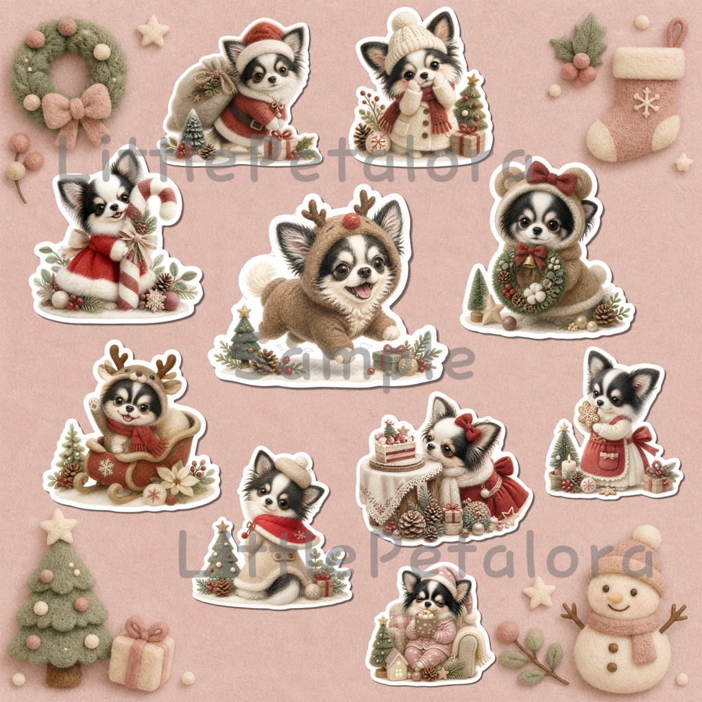 羊毛フェルト風デジタルステッカー ロングコートチワワ CHRISTMAS|クリスマス素材 透過PNG 11枚セット
