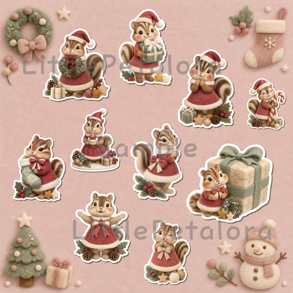 羊毛フェルト風デジタルステッカー シマリス CHRISTMAS|クリスマス素材 透過PNG 11枚セット