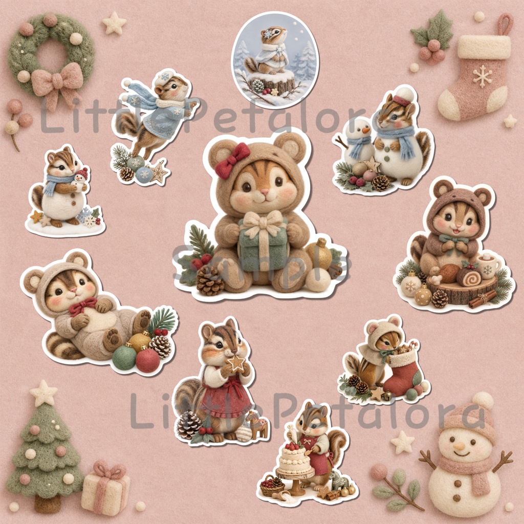 羊毛フェルト風デジタルステッカー シマリス CHRISTMAS|クリスマス素材 透過PNG 11枚セット
