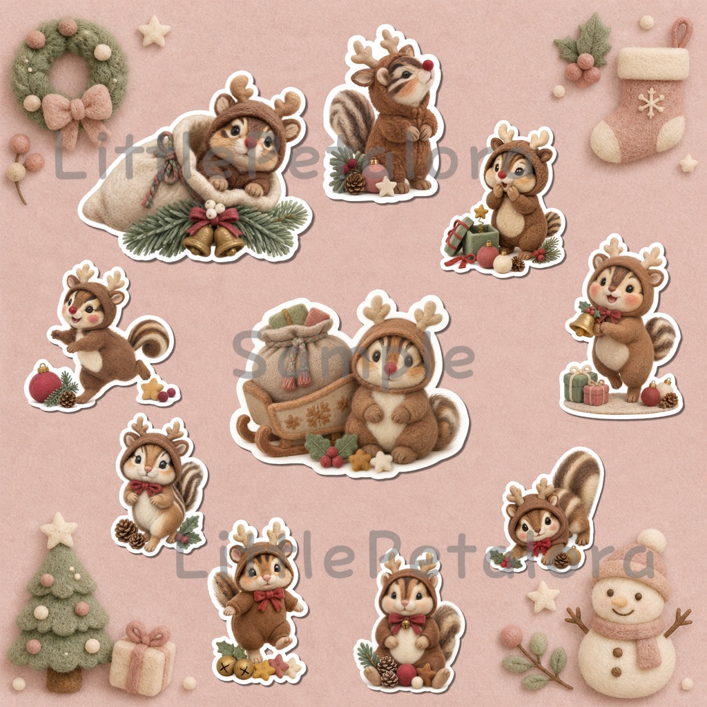 羊毛フェルト風デジタルステッカー シマリス CHRISTMAS|クリスマス素材 透過PNG 11枚セット