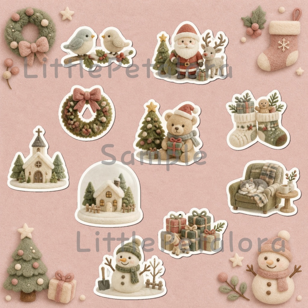 羊毛フェルト風デジタルステッカー シマリス CHRISTMAS|クリスマス素材 透過PNG 11枚セット