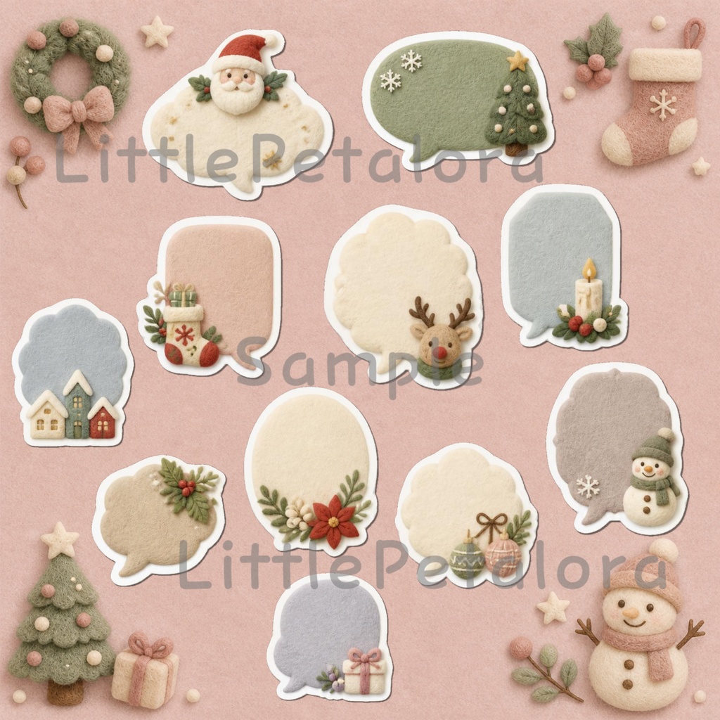 羊毛フェルト風デジタルステッカー シマリス CHRISTMAS|クリスマス素材 透過PNG 11枚セット