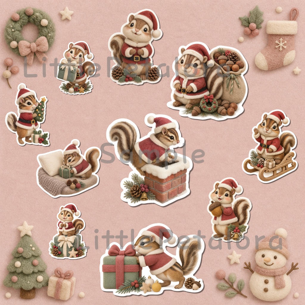 羊毛フェルト風デジタルステッカー シマリス CHRISTMAS|クリスマス素材 透過PNG 11枚セット