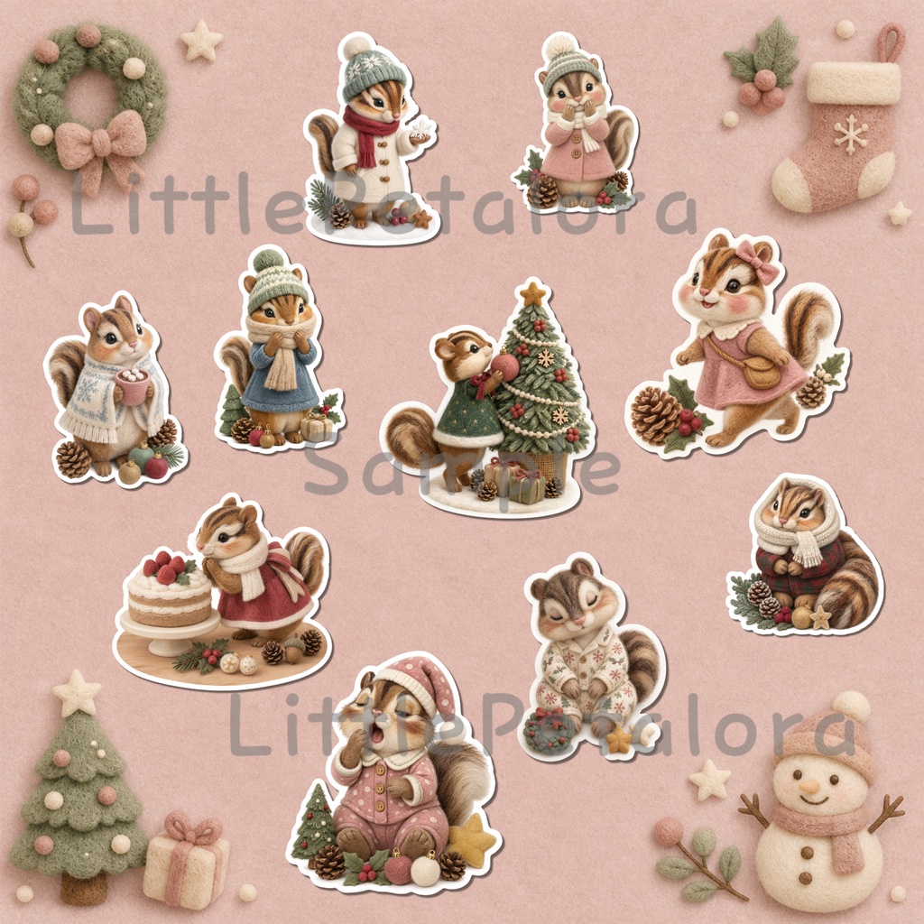羊毛フェルト風デジタルステッカー シマリス CHRISTMAS|クリスマス素材 透過PNG 11枚セット
