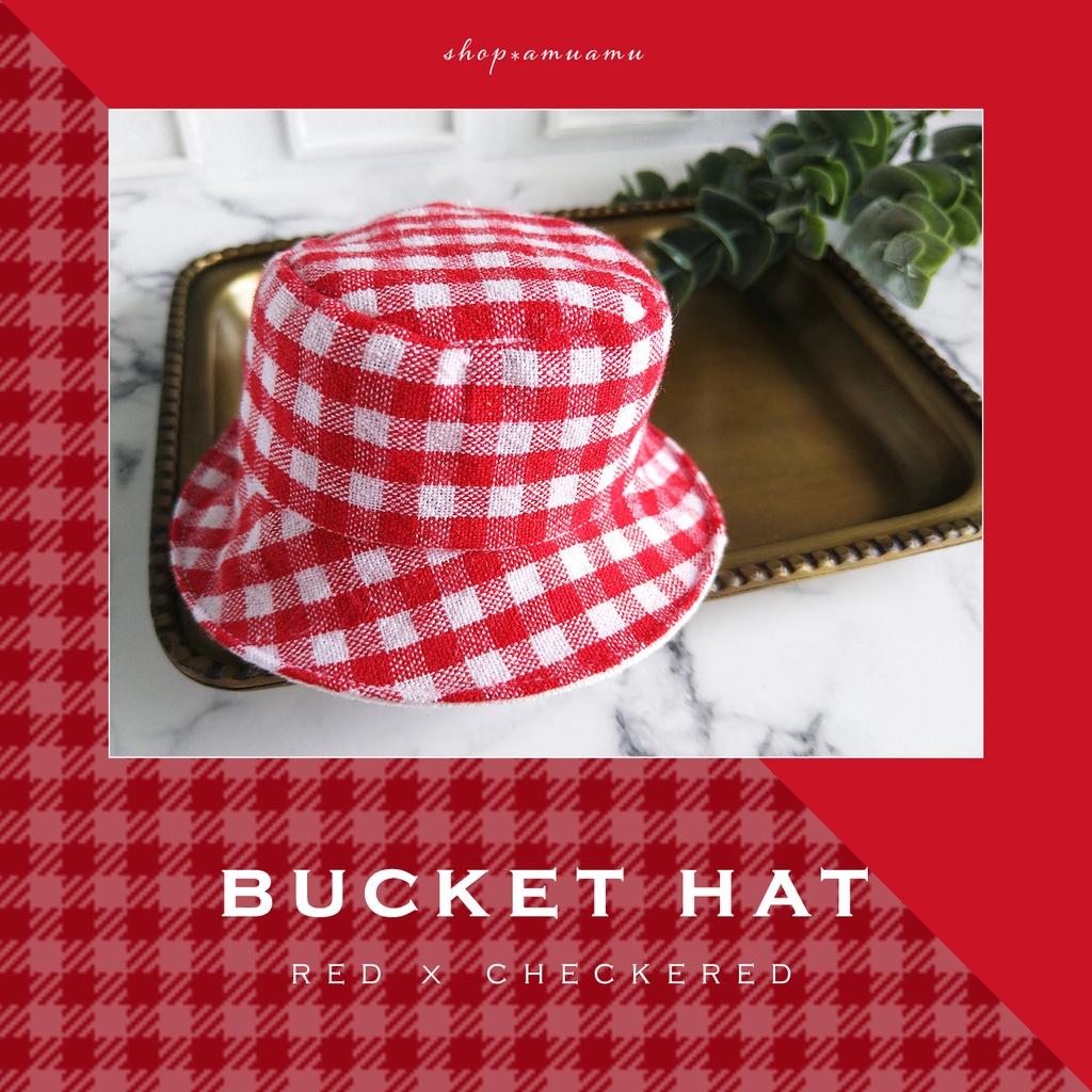 バケットハット(赤チェック×ホワイト) 帽子 10cm用 12cm用 マスコット ぬいぐるみ