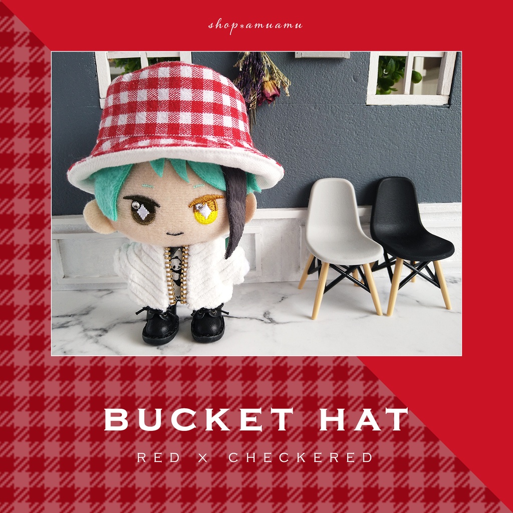 バケットハット(赤チェック×ホワイト) 帽子 10cm用 12cm用 マスコット ぬいぐるみ