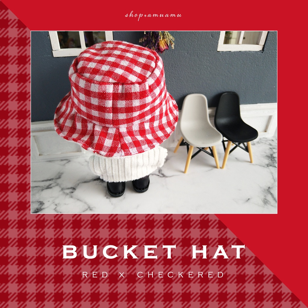 バケットハット(赤チェック×ホワイト) 帽子 10cm用 12cm用 マスコット ぬいぐるみ
