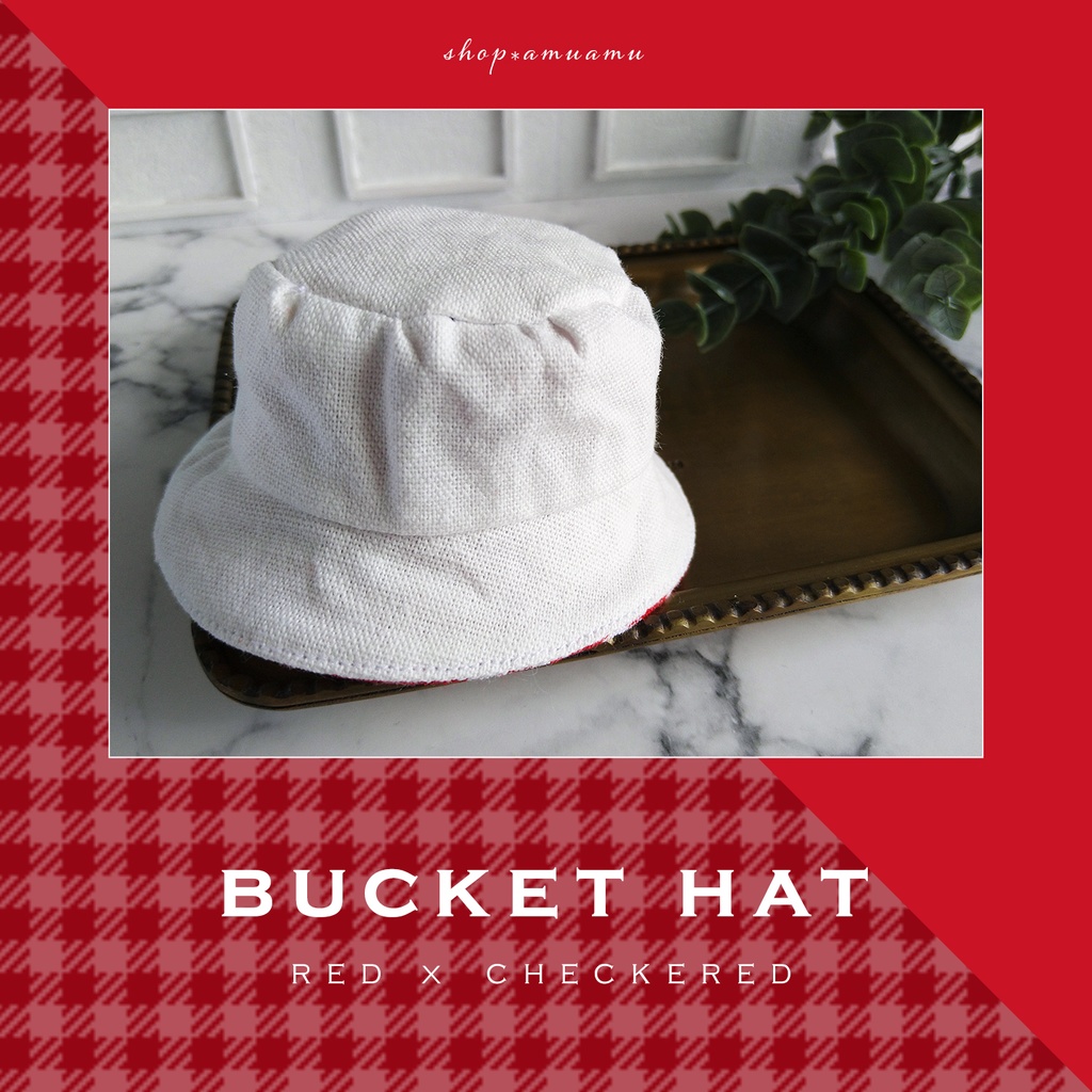 バケットハット(赤チェック×ホワイト) 帽子 10cm用 12cm用 マスコット ぬいぐるみ