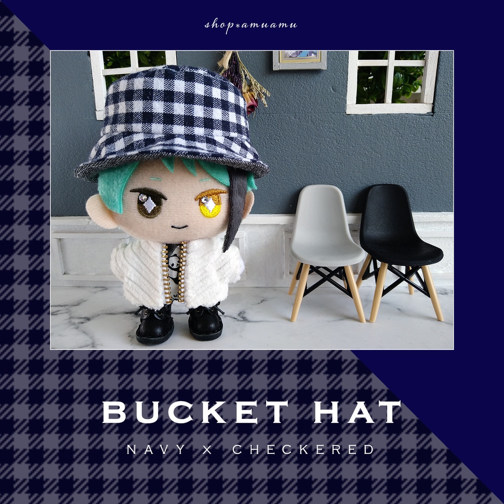 バケットハット(ネイビーチェック×デニム) 帽子 10cm用 12cm用 マスコット ぬいぐるみ