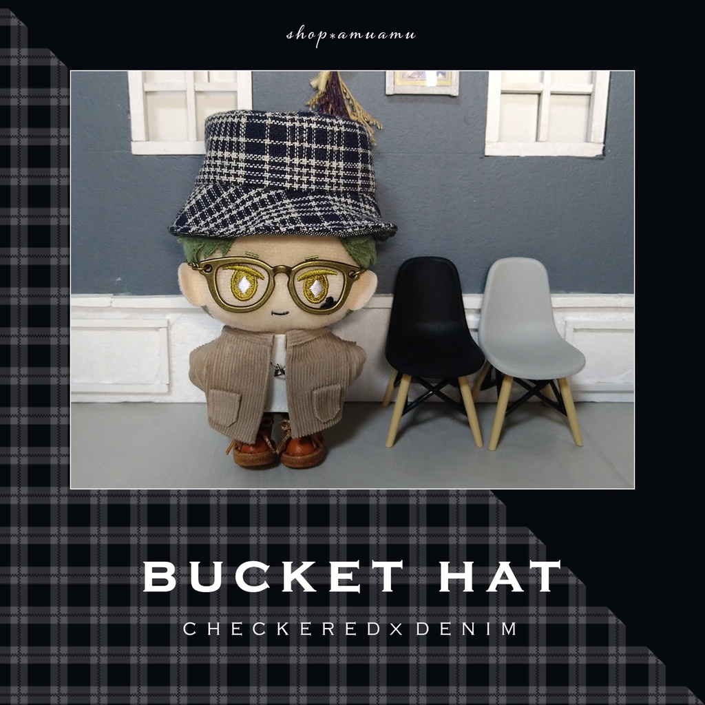 バケットハット(チェック×デニム) 帽子 10cm用 12cm用 マスコット ぬいぐるみ