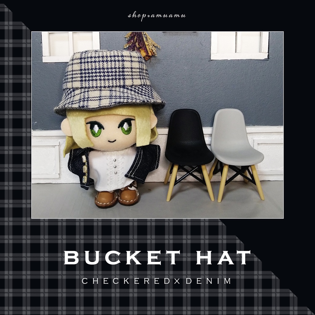 バケットハット(チェック×デニム) 帽子 10cm用 12cm用 マスコット ぬいぐるみ